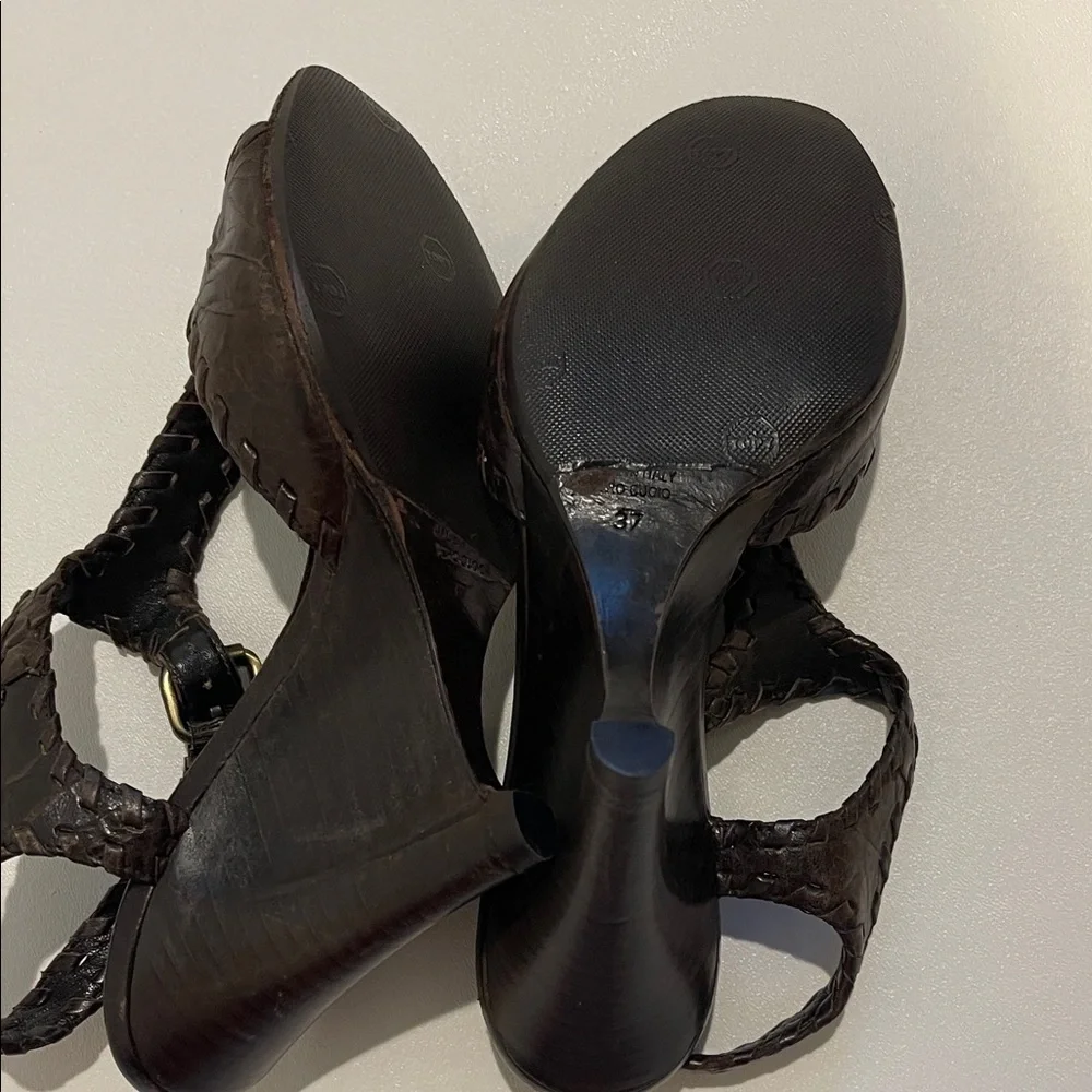 Fendi Zeppa Capra Pergamena Dark Brown Braided Wedge Sandals - Picture 7 of 9